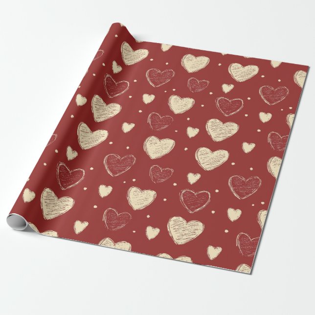 Hand-Drawn Beige Red Heart Pattern Illustration Wrapping Paper (Unrolled)