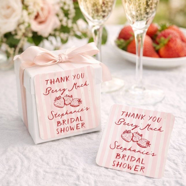 Hand Drawn Berry In Love Bridal Shower Thank You Square Sticker (Creator Uploaded)