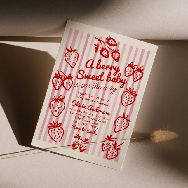 Hand Drawn berry Strawberry Diy Girl Baby Shower Invitation (Creator Uploaded)