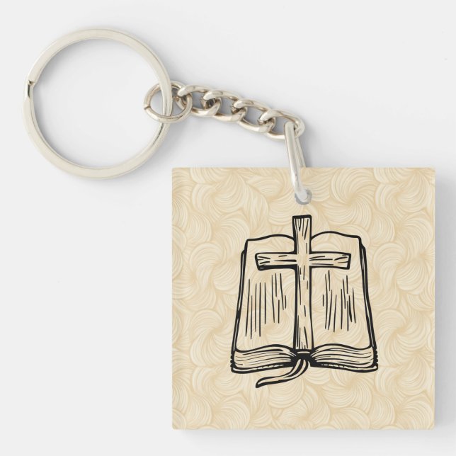 Hand-Drawn Bible and Cross Sketch Acrylic Keychain (Front)