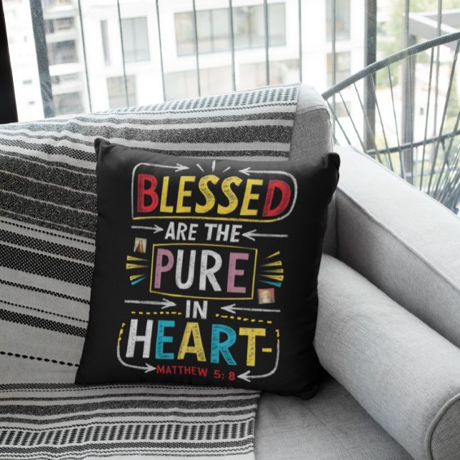 Hand-Drawn Bible Verse: Blessed Pure Heart Throw Pillow (Creator Uploaded)