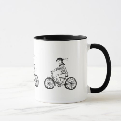 hand drawn biking girl black and white mug