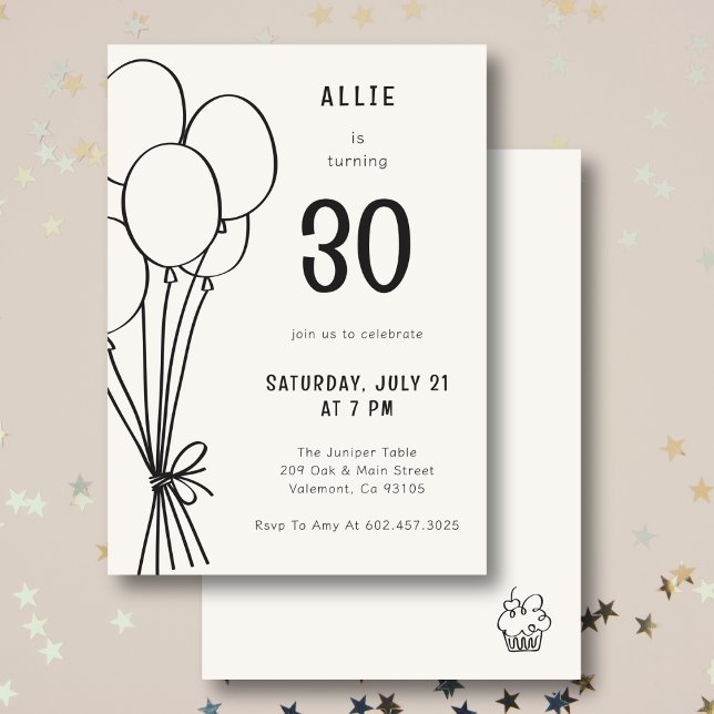 Hand Drawn Birthday Balloon Any Age Black Invitation (Creator Uploaded)