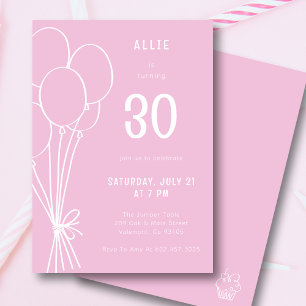 Hand Drawn Birthday Balloon Any Age Pink White Invitation