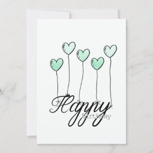 Hand-Drawn Birthday Card w Mint Heart Balloons