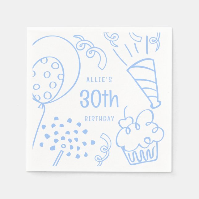 Hand Drawn Birthday Party Any Age Pastel Blue Napkins (Front)