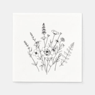 Hand Drawn Black and White Delicate Floral  Napkins