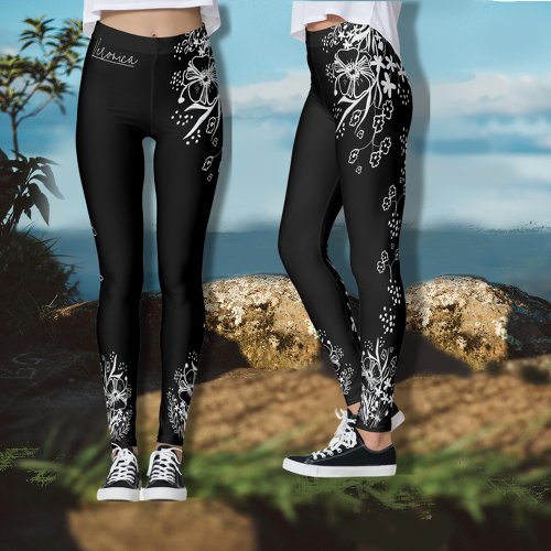 Hand_drawn Black and White Floral   Leggings