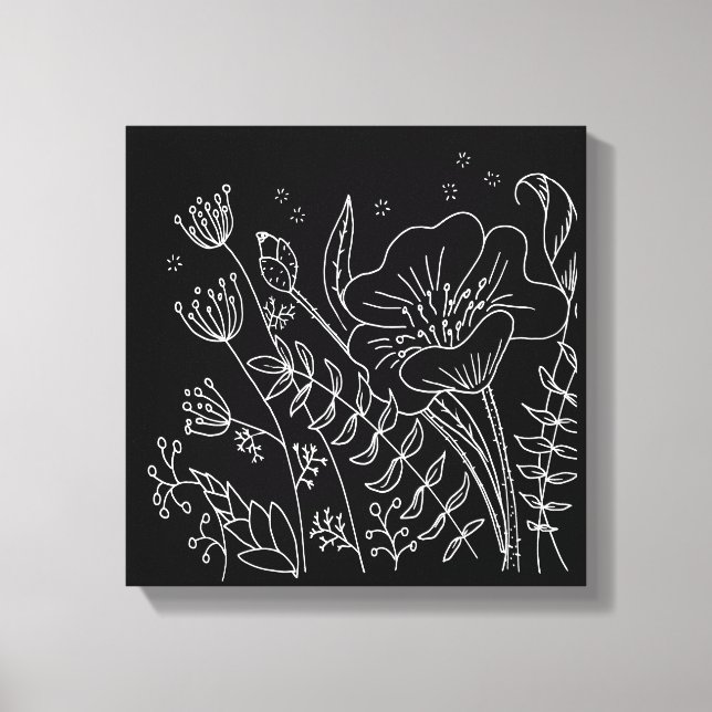 Hand-drawn Black and White Floral Night Meadow Canvas Print (Front)