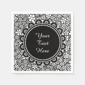 Hand Drawn Black And White Flower Pattern Custom Napkins by LouiseBDesigns at Zazzle