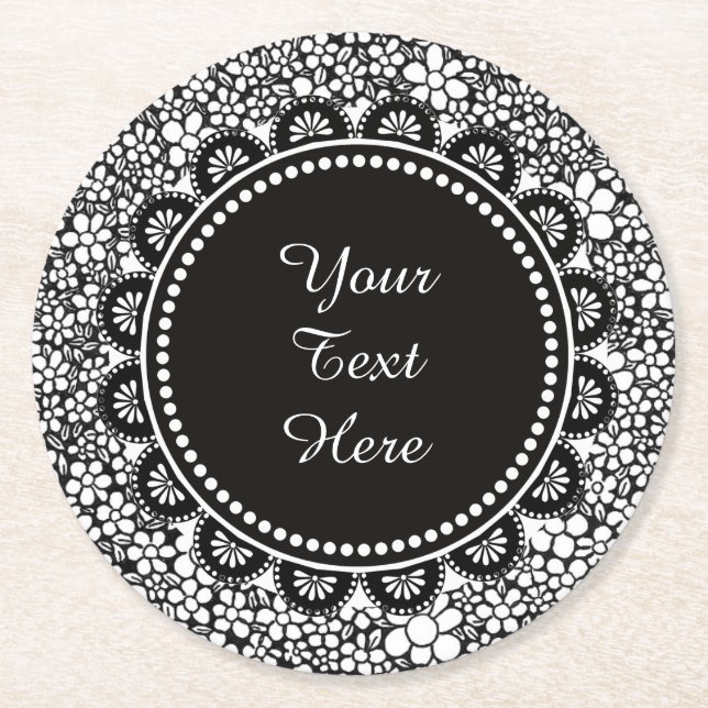 Hand Drawn Black and White Flower Pattern Custom Round Paper Coaster (Front)