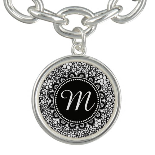 Hand Drawn Black and White Flower Pattern Monogram Bracelet