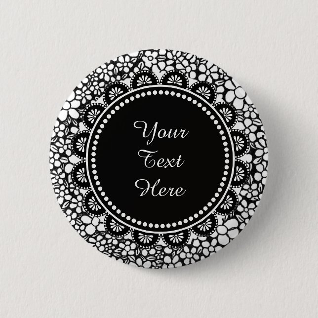 Hand Drawn Black and White Flower Pattern Monogram Button (Front)