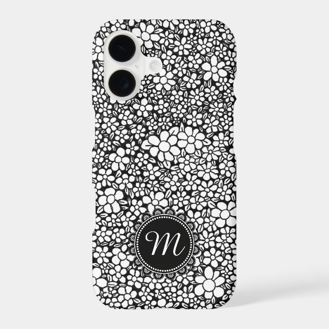 Hand Drawn Black and White Flower Pattern Monogram Case-Mate iPhone Case (Back)