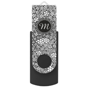Hand Drawn Black and White Flower Pattern Monogram Flash Drive