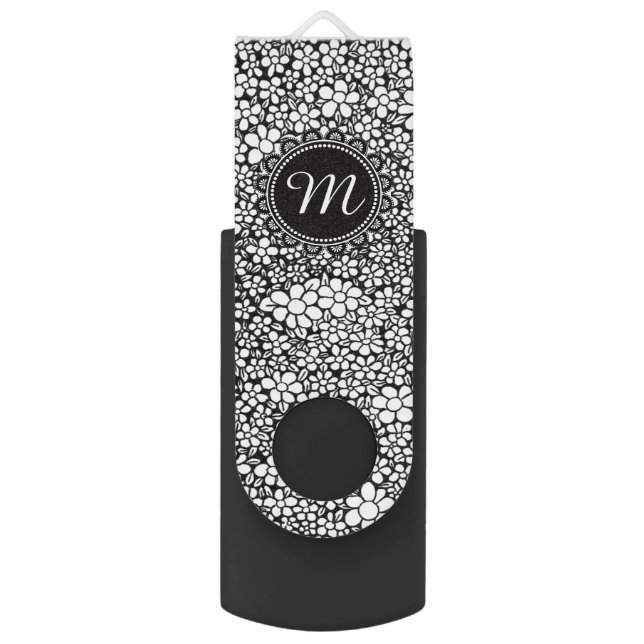 Hand Drawn Black and White Flower Pattern Monogram Flash Drive (Back (Vertical))