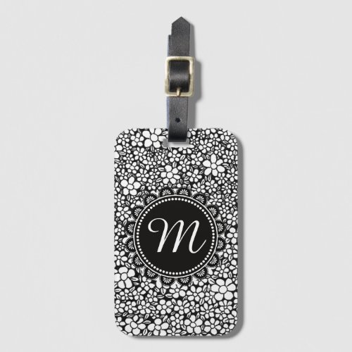 Hand Drawn Black and White Flower Pattern Monogram Luggage Tag