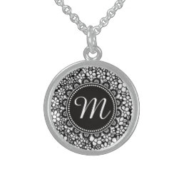 Hand Drawn Black and White Flower Pattern Monogram Sterling Silver Necklace