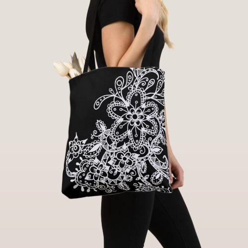 Hand Drawn Black and White Mandala Flowers Doodle Tote Bag