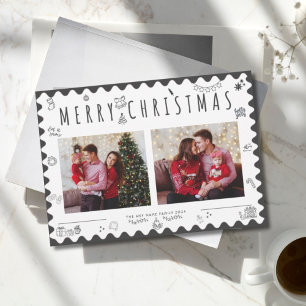 Hand drawn, black and white photo doodle christmas holiday card