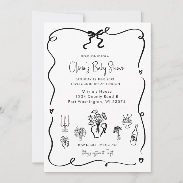 Hand Drawn Black Bow Baby Shower  Invitation (Front)