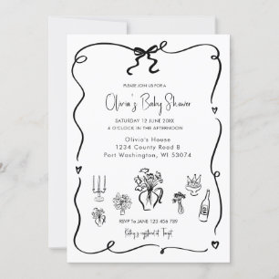 Hand Drawn Black Bow Baby Shower  Invitation