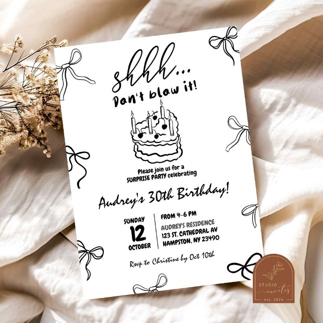 Hand Drawn Black Bow Cake Surprise Birthday  Invitation (Creator Uploaded)