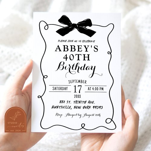 Hand Drawn Black Bow Illustrated Adult Birthday Invitation