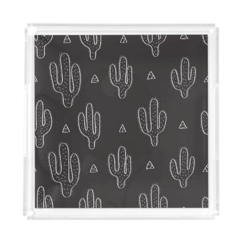 Hand Drawn Black Cactus Pattern Acrylic Tray