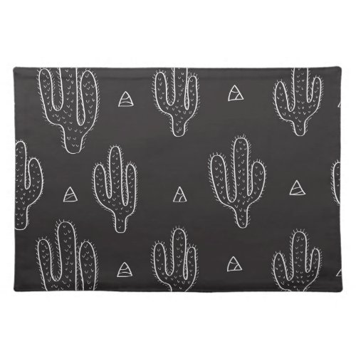 Hand Drawn Black Cactus Pattern Cloth Placemat