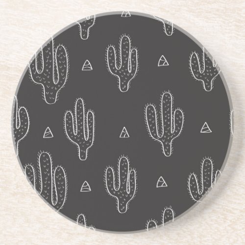 Hand Drawn Black Cactus Pattern Coaster