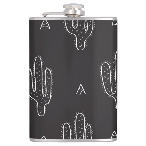 Hand Drawn Black Cactus Pattern Flask