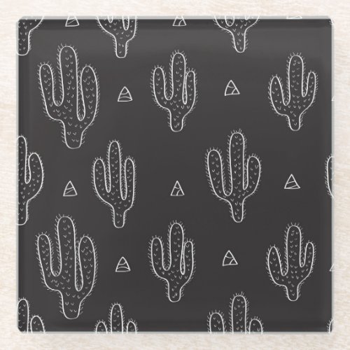 Hand Drawn Black Cactus Pattern Glass Coaster