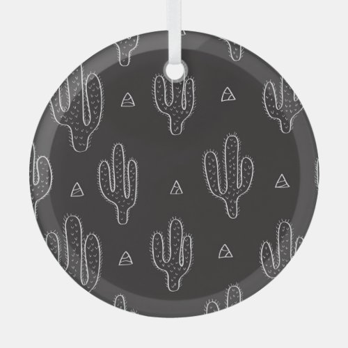 Hand Drawn Black Cactus Pattern Glass Ornament