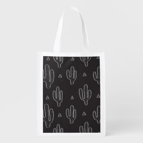 Hand Drawn Black Cactus Pattern Grocery Bag
