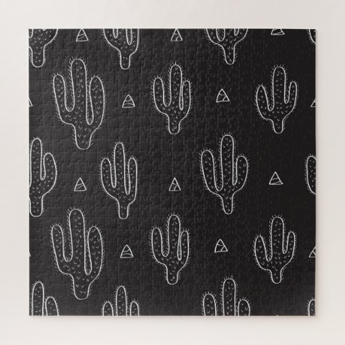 Hand Drawn Black Cactus Pattern Jigsaw Puzzle