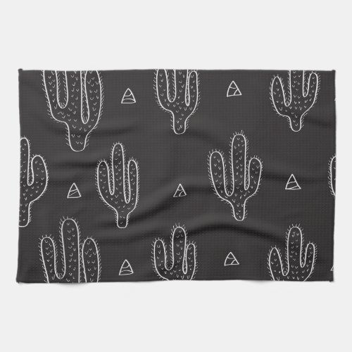 Hand Drawn Black Cactus Pattern Kitchen Towel