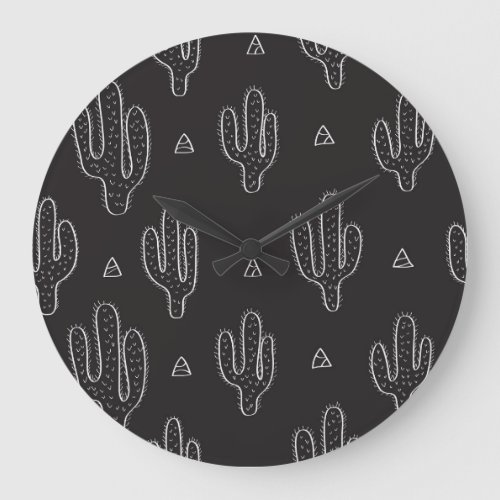 Hand Drawn Black Cactus Pattern Large Clock