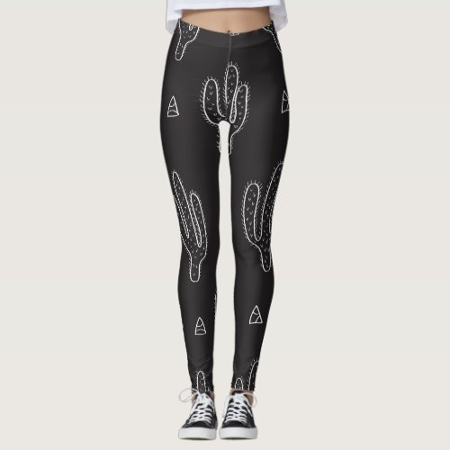 Hand Drawn Black Cactus Pattern Leggings