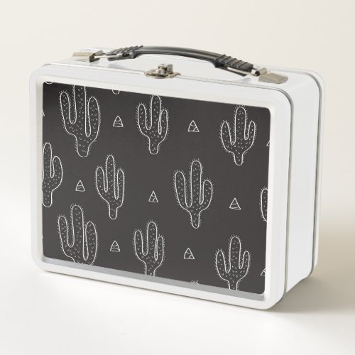Hand Drawn Black Cactus Pattern Metal Lunch Box