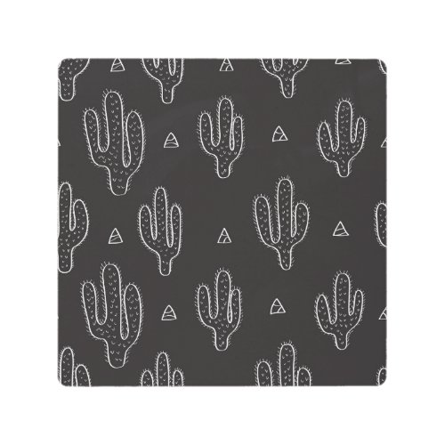 Hand Drawn Black Cactus Pattern Metal Print