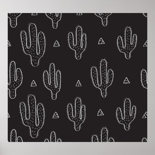 Hand Drawn Black Cactus Pattern Poster