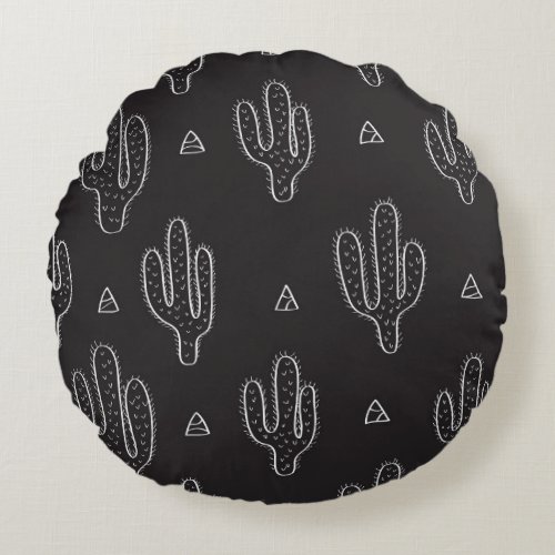 Hand Drawn Black Cactus Pattern Round Pillow