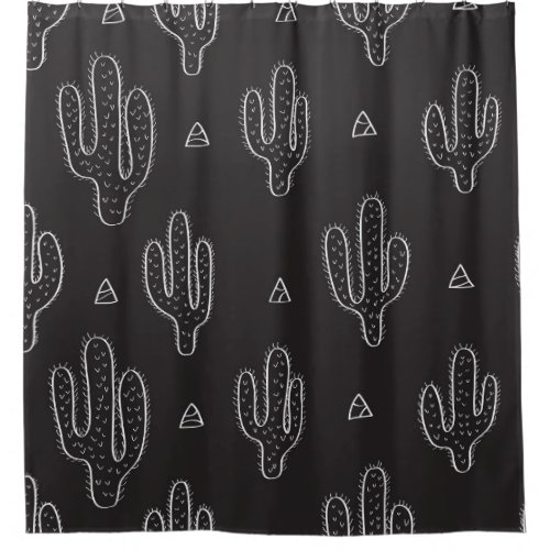 Hand Drawn Black Cactus Pattern Shower Curtain