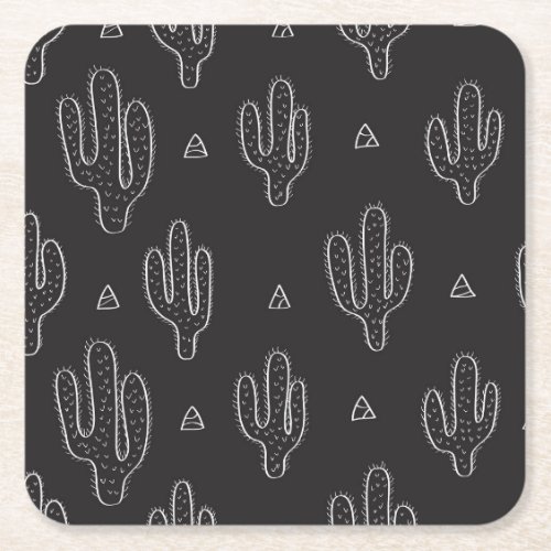 Hand Drawn Black Cactus Pattern Square Paper Coaster
