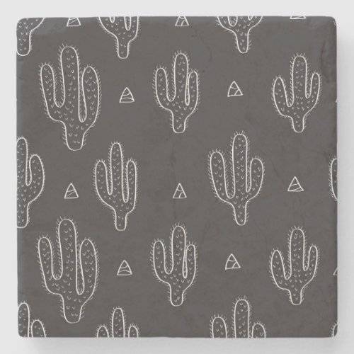 Hand Drawn Black Cactus Pattern Stone Coaster