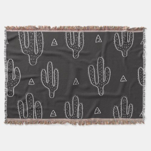 Hand Drawn Black Cactus Pattern Throw Blanket