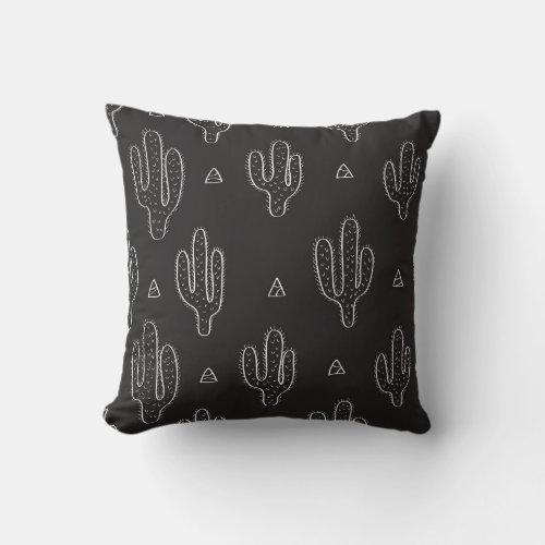 Hand Drawn Black Cactus Pattern Throw Pillow
