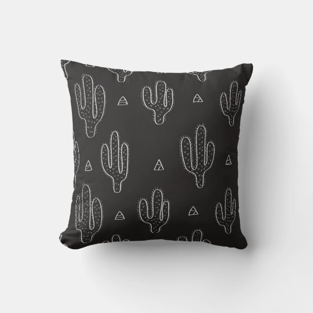 Hand Drawn Black Cactus Pattern Throw Pillow (Front)