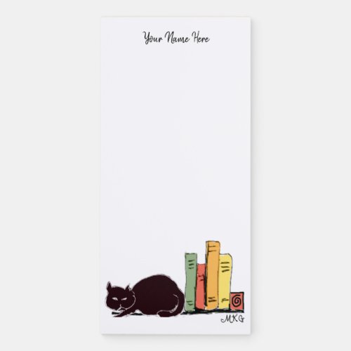 Hand_Drawn Black Cat In Library Cute Literary  Magnetic Notepad